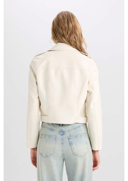 Su Geçirmez Crop Biker Ceket Suni Deri Kruvaze Yaka Fermuarlı Cepli Kemerli Mevsimlik Y7168AZ25SP