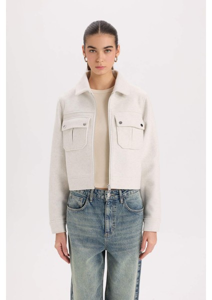 Regular Fit Polo Yaka Cepli Fermuarlı Kısa Kaşe Kaban D5767AX25SP