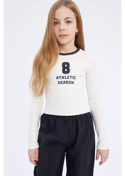 Kız Çocuk Slim Fit Dar Kesim Bisiklet Yaka Baskılı Uzun Kollu Tişört D7439A825SP