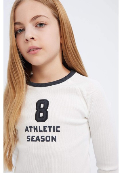 Kız Çocuk Slim Fit Dar Kesim Bisiklet Yaka Baskılı Uzun Kollu Tişört D7439A825SP