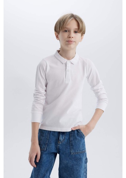 Erkek Çocuk Polo Yaka Pike Basic Düz Uzun Kollu Tişört L0288A625SP