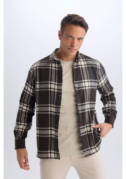 Regular Fit Polo Yaka Kareli Pamuklu Uzun Kollu Gömlek D7557AX24AU