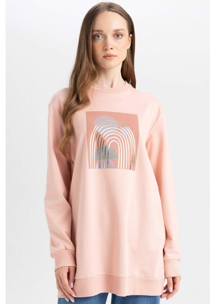Regular Fit Bisiklet Yaka Parlak Baskılı Sweatshirt Tunik D7573AX24WN