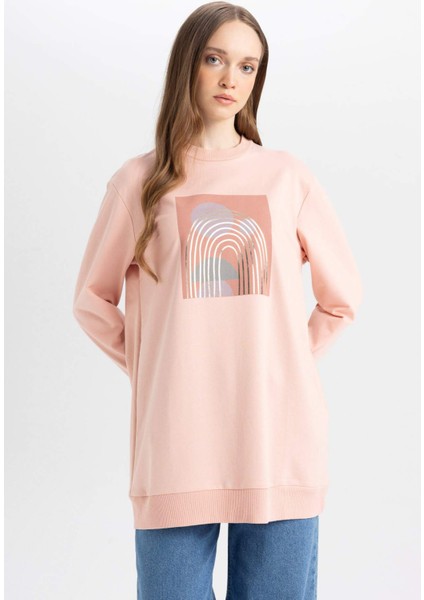 Regular Fit Bisiklet Yaka Parlak Baskılı Sweatshirt Tunik D7573AX24WN