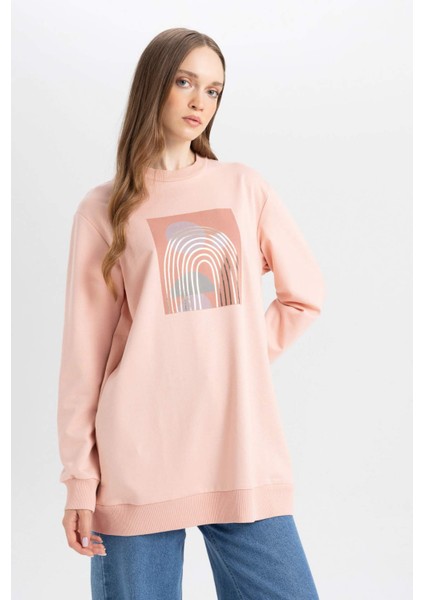Regular Fit Bisiklet Yaka Parlak Baskılı Sweatshirt Tunik D7573AX24WN
