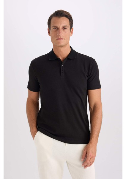 Slim Fit Dar Kesim Polo Yaka Kısa Kollu Pamuklu Modal Karışımlı Basic Düz Siyah Tişört M6609AZ25SP
