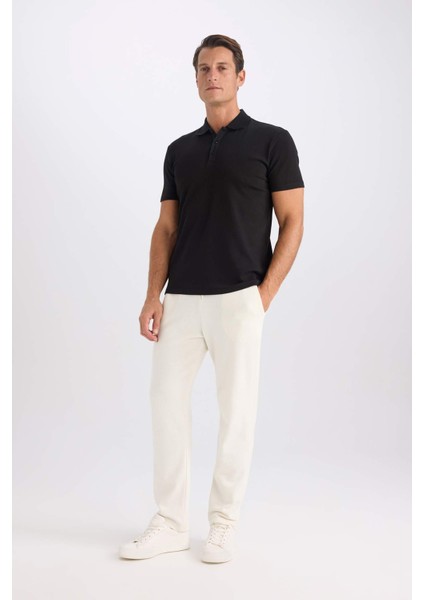 Slim Fit Dar Kesim Polo Yaka Kısa Kollu Pamuklu Modal Karışımlı Basic Düz Siyah Tişört M6609AZ25SP