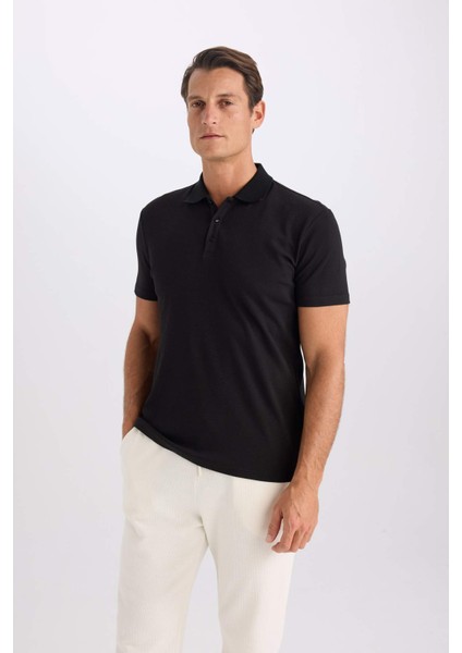 Slim Fit Dar Kesim Polo Yaka Kısa Kollu Pamuklu Modal Karışımlı Basic Düz Siyah Tişört M6609AZ25SP