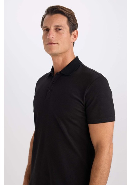 Slim Fit Dar Kesim Polo Yaka Kısa Kollu Pamuklu Modal Karışımlı Basic Düz Siyah Tişört M6609AZ25SP