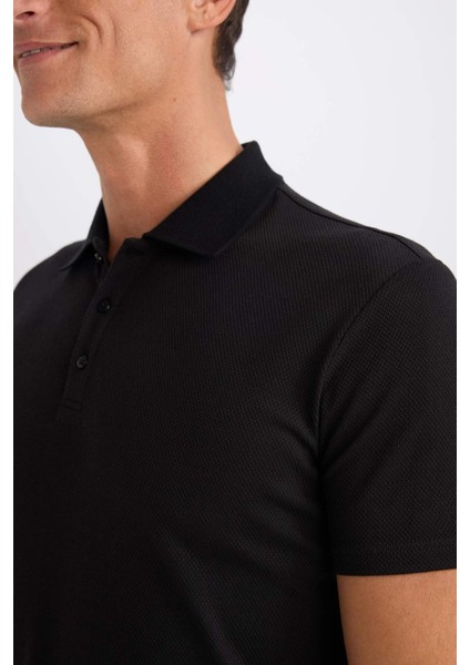 Slim Fit Dar Kesim Polo Yaka Kısa Kollu Pamuklu Modal Karışımlı Basic Düz Siyah Tişört M6609AZ25SP