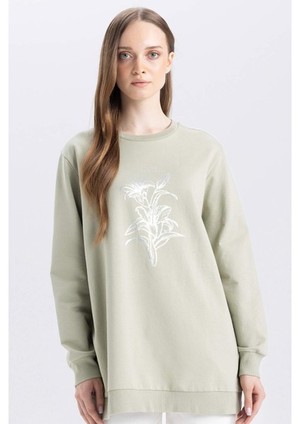 Regular Fit Bisiklet Yaka Çiçek Baskılı Sweatshirt Tunik D7574AX24WN