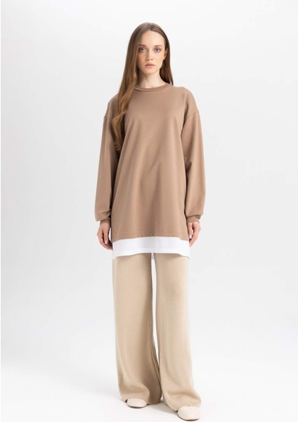 Regular Fit Bisiklet Yaka Basic Düz Etek Ucu Detaylı Sweatshirt Tunik A9527AX24WN