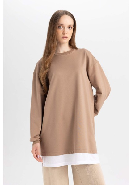 Regular Fit Bisiklet Yaka Basic Düz Etek Ucu Detaylı Sweatshirt Tunik A9527AX24WN