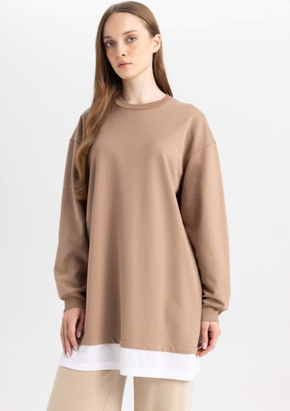 Regular Fit Bisiklet Yaka Basic Düz Etek Ucu Detaylı Sweatshirt Tunik A9527AX24WN