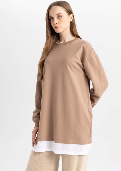 Regular Fit Bisiklet Yaka Basic Düz Etek Ucu Detaylı Sweatshirt Tunik A9527AX24WN