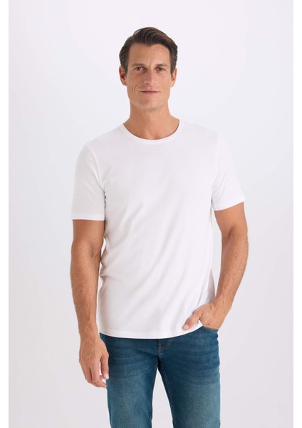 Slim Fit Dar Kesim Bisiklet Yaka Modal Karışımlı Pamuklu Basic Düz Kısa Kollu Beyaz Tişört M6606AZ25SP