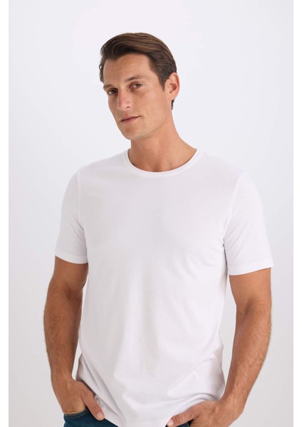 Slim Fit Dar Kesim Bisiklet Yaka Modal Karışımlı Pamuklu Basic Düz Kısa Kollu Beyaz Tişört M6606AZ25SP