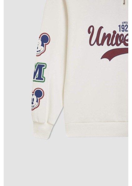 Coool Disney Mickey & Minnie Oversize Geniş Kalıp Fermuarlı Dik Yaka Baskılı Kalın Beyaz Sweatshirt D5958AX24WN