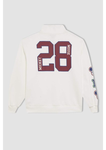 Coool Disney Mickey & Minnie Oversize Geniş Kalıp Fermuarlı Dik Yaka Baskılı Kalın Beyaz Sweatshirt D5958AX24WN