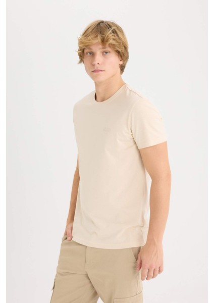 %100 Pamuk Slim Fit Dar Kesim Bisiklet Yaka Baskılı Kısa Kollu Tişört