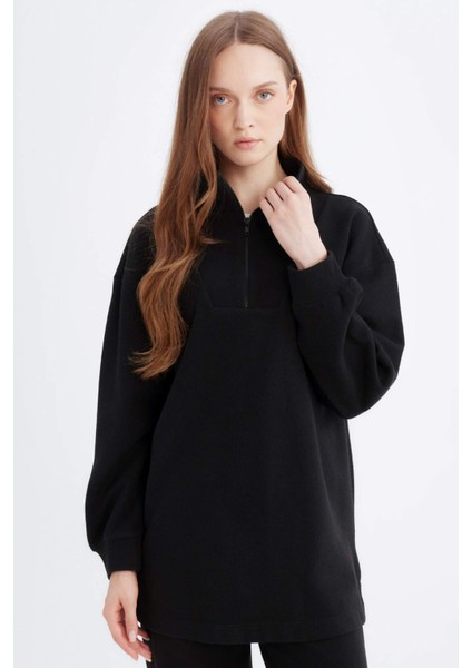 Regular Fit Fermuarlı Dik Yaka Selanik Kumaş Basic Düz Sweatshirt Tunik B4306AX24WN