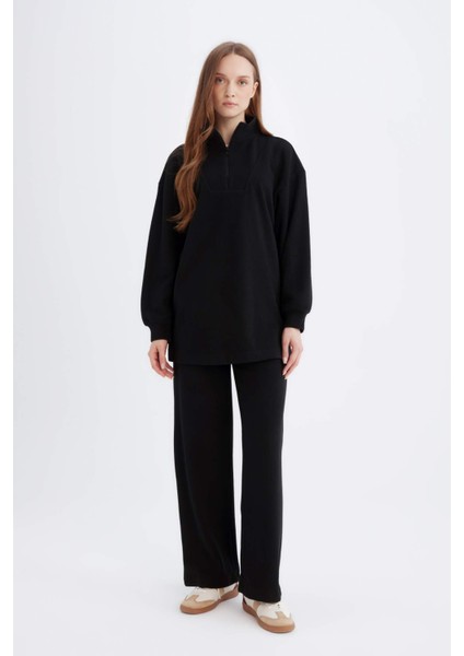 Regular Fit Fermuarlı Dik Yaka Selanik Kumaş Basic Düz Sweatshirt Tunik B4306AX24WN