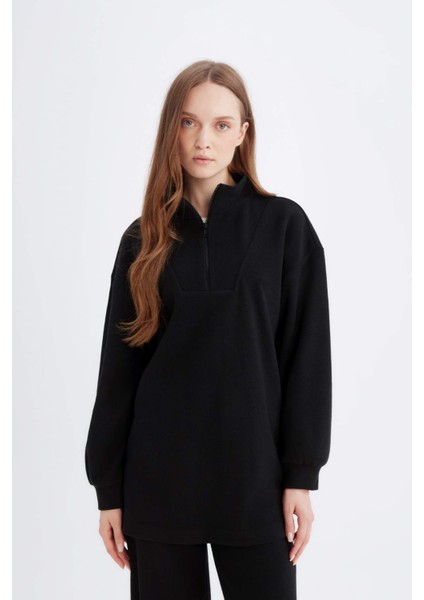 Regular Fit Fermuarlı Dik Yaka Selanik Kumaş Basic Düz Sweatshirt Tunik B4306AX24WN