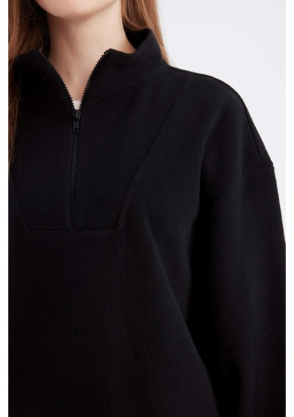 Regular Fit Fermuarlı Dik Yaka Selanik Kumaş Basic Düz Sweatshirt Tunik B4306AX24WN