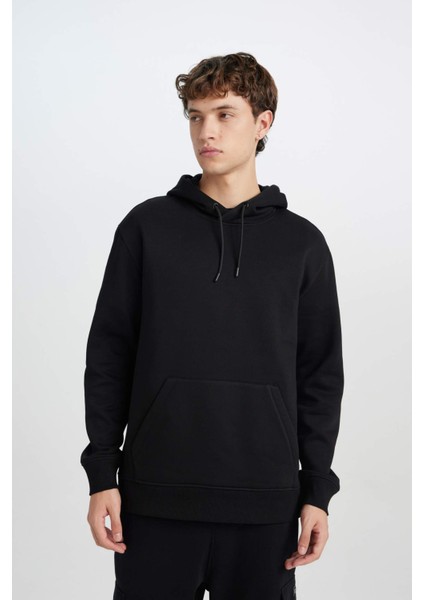 Regular Fit Kapüşonlu Kanguru Cepli İçi Yumuşak Tüylü Basic Düz Sweatshirt X8283AZ25SP
