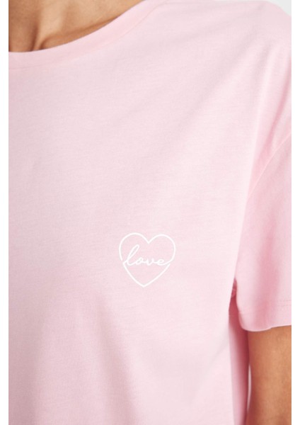 Pijama Takım Basic Kısa Kollu Üst Beli Lastikli Alt-Fall in Love D7540AX24AU
