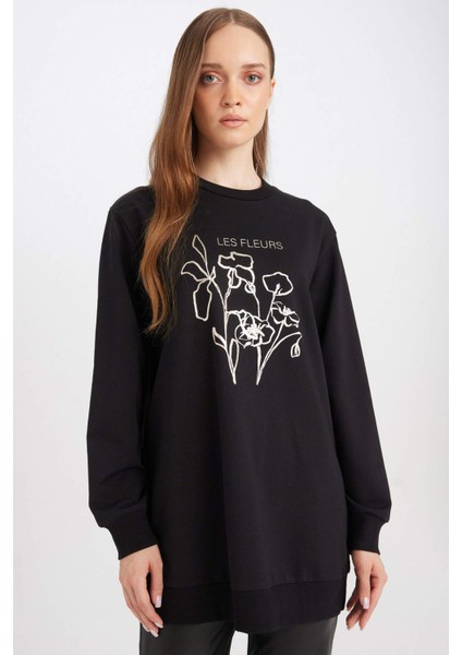 Regular Fit Bisiklet Yaka Çiçek Baskılı Sweatshirt Tunik D7571AX24WN
