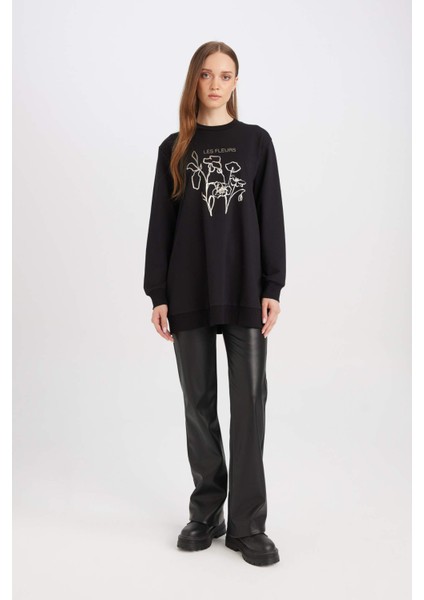 Regular Fit Bisiklet Yaka Çiçek Baskılı Sweatshirt Tunik D7571AX24WN