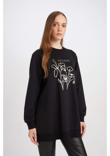 Regular Fit Bisiklet Yaka Çiçek Baskılı Sweatshirt Tunik D7571AX24WN