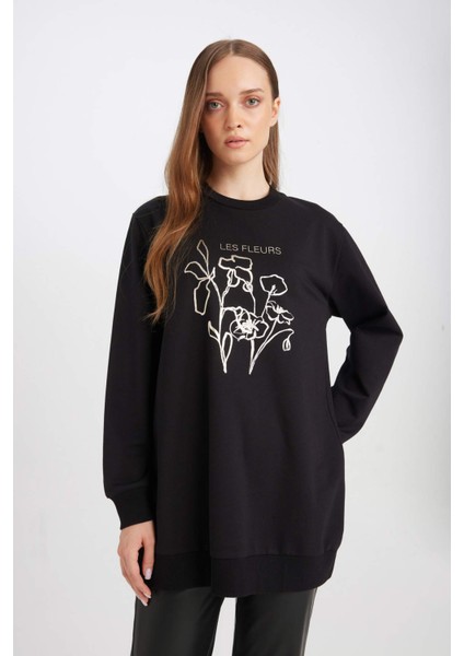 Regular Fit Bisiklet Yaka Çiçek Baskılı Sweatshirt Tunik D7571AX24WN