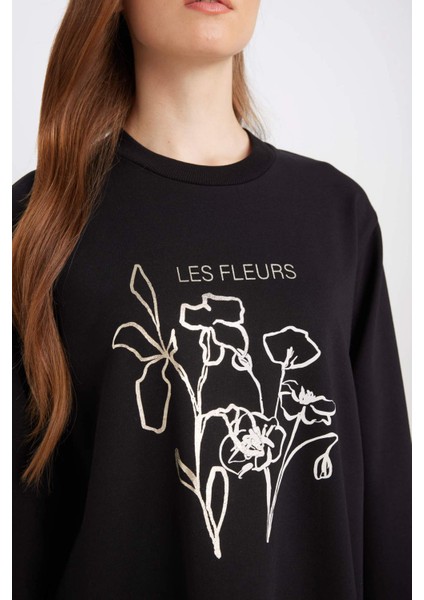 Regular Fit Bisiklet Yaka Çiçek Baskılı Sweatshirt Tunik D7571AX24WN