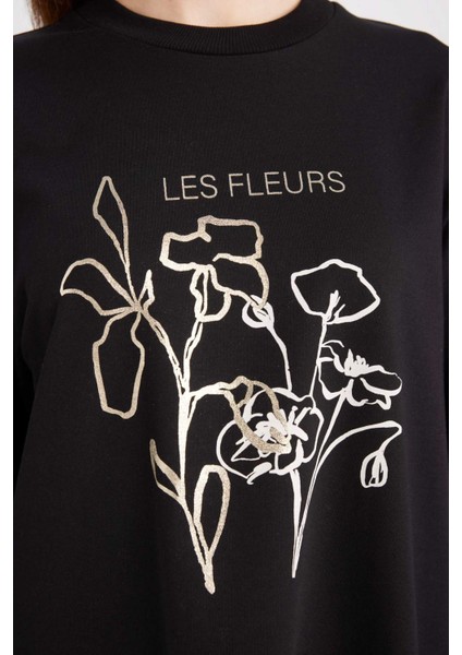 Regular Fit Bisiklet Yaka Çiçek Baskılı Sweatshirt Tunik D7571AX24WN