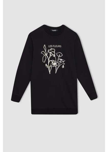 Regular Fit Bisiklet Yaka Çiçek Baskılı Sweatshirt Tunik D7571AX24WN