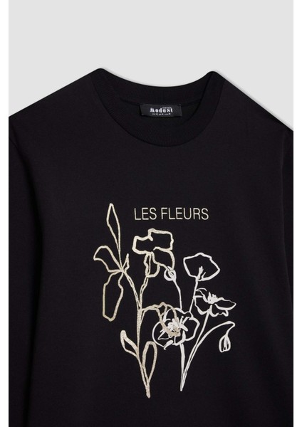 Regular Fit Bisiklet Yaka Çiçek Baskılı Sweatshirt Tunik D7571AX24WN