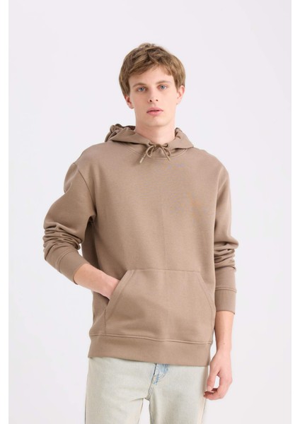 Regular Fit Kapüşonlu Kanguru Cepli İçi Yumuşak Tüylü Basic Düz Sweatshirt X8283AZ25SP