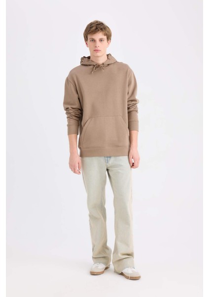 Regular Fit Kapüşonlu Kanguru Cepli İçi Yumuşak Tüylü Basic Düz Sweatshirt X8283AZ25SP
