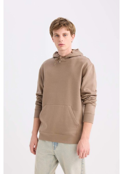 Regular Fit Kapüşonlu Kanguru Cepli İçi Yumuşak Tüylü Basic Düz Sweatshirt X8283AZ25SP