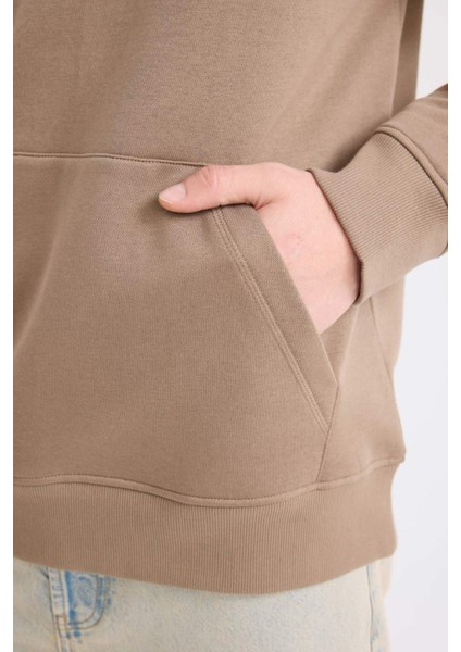 Regular Fit Kapüşonlu Kanguru Cepli İçi Yumuşak Tüylü Basic Düz Sweatshirt X8283AZ25SP