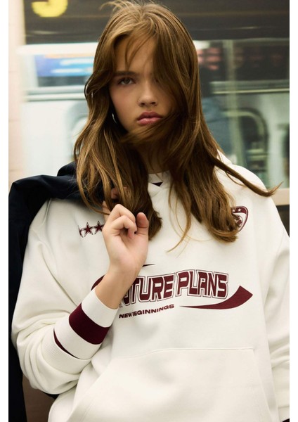 Coool Oversize Geniş Kalıp Kapüşonlu Baskılı Kalın Sweatshirt D5730AX24WN