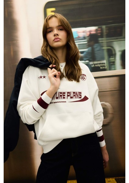 Coool Oversize Geniş Kalıp Kapüşonlu Baskılı Kalın Sweatshirt D5730AX24WN