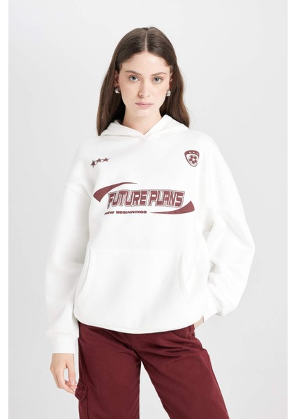 Coool Oversize Geniş Kalıp Kapüşonlu Baskılı Kalın Sweatshirt D5730AX24WN