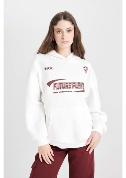 Coool Oversize Geniş Kalıp Kapüşonlu Baskılı Kalın Sweatshirt D5730AX24WN