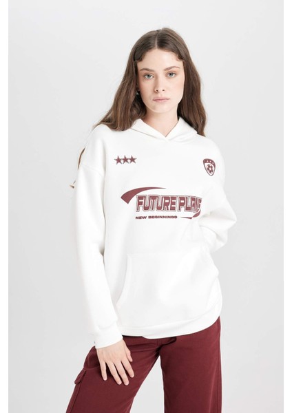 Coool Oversize Geniş Kalıp Kapüşonlu Baskılı Kalın Sweatshirt D5730AX24WN