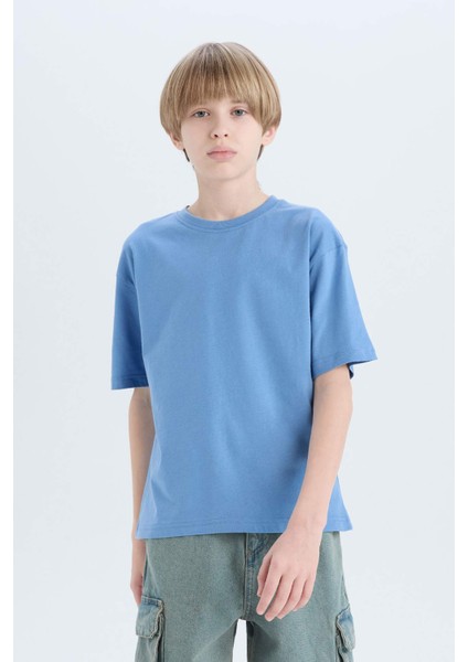 Erkek Çocuk Oversize Geniş Kalıp Bisiklet Yaka Basic Düz Kısa Kollu Tişört B5927A825SM