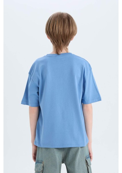 Erkek Çocuk Oversize Geniş Kalıp Bisiklet Yaka Basic Düz Kısa Kollu Tişört B5927A825SM