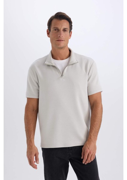 Regular Fit Dik Yaka Yarım Fermuarlı Ağır Kumaş Kısa Kollu Tişört B6502AX25SP